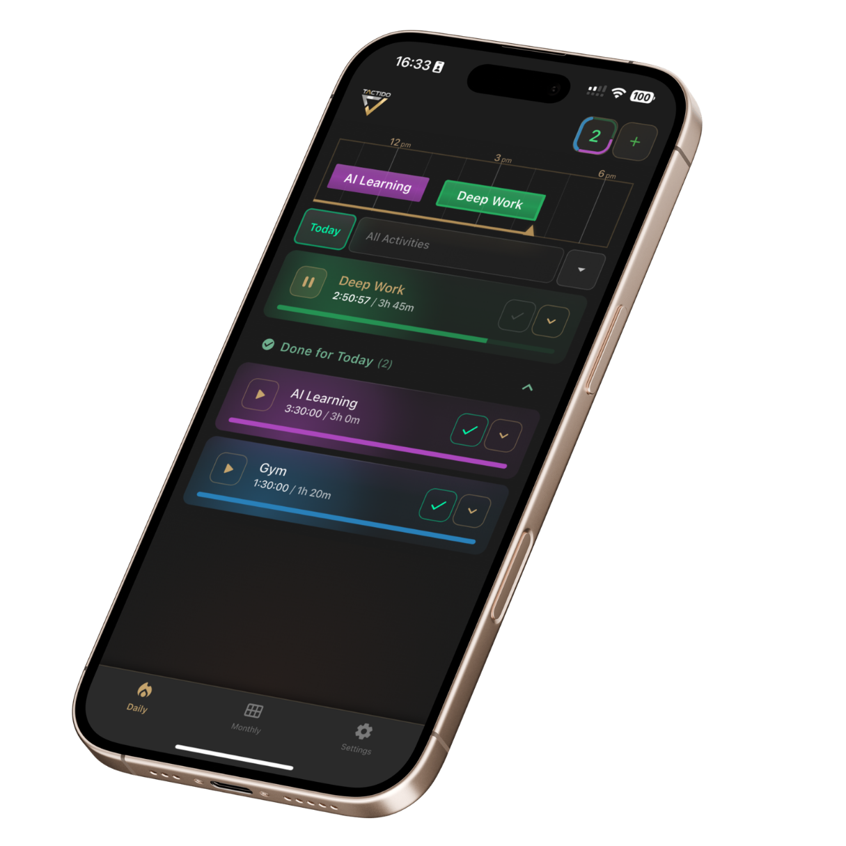 Tactido app: daily time tracking view