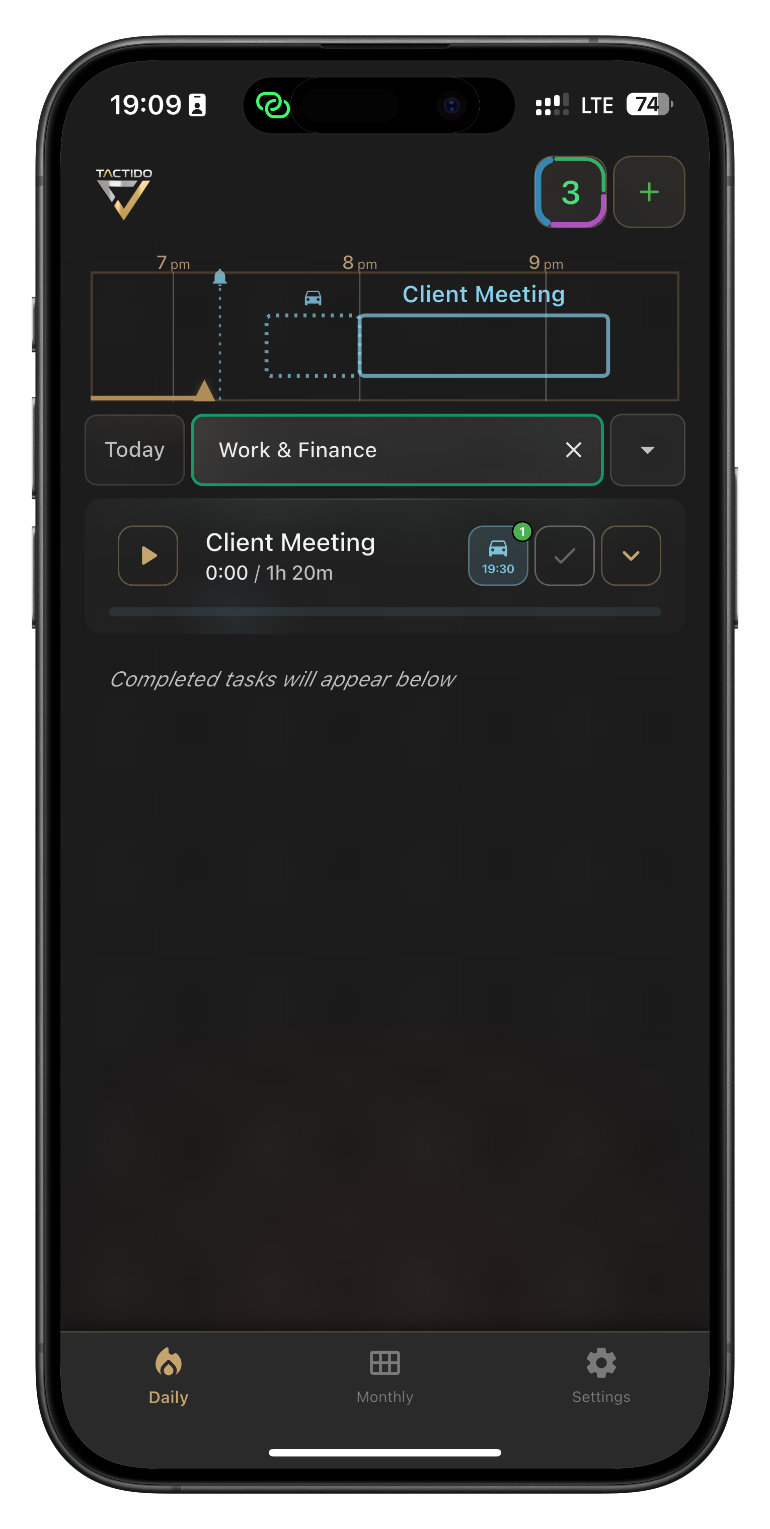 Tactido activity list with calendar events