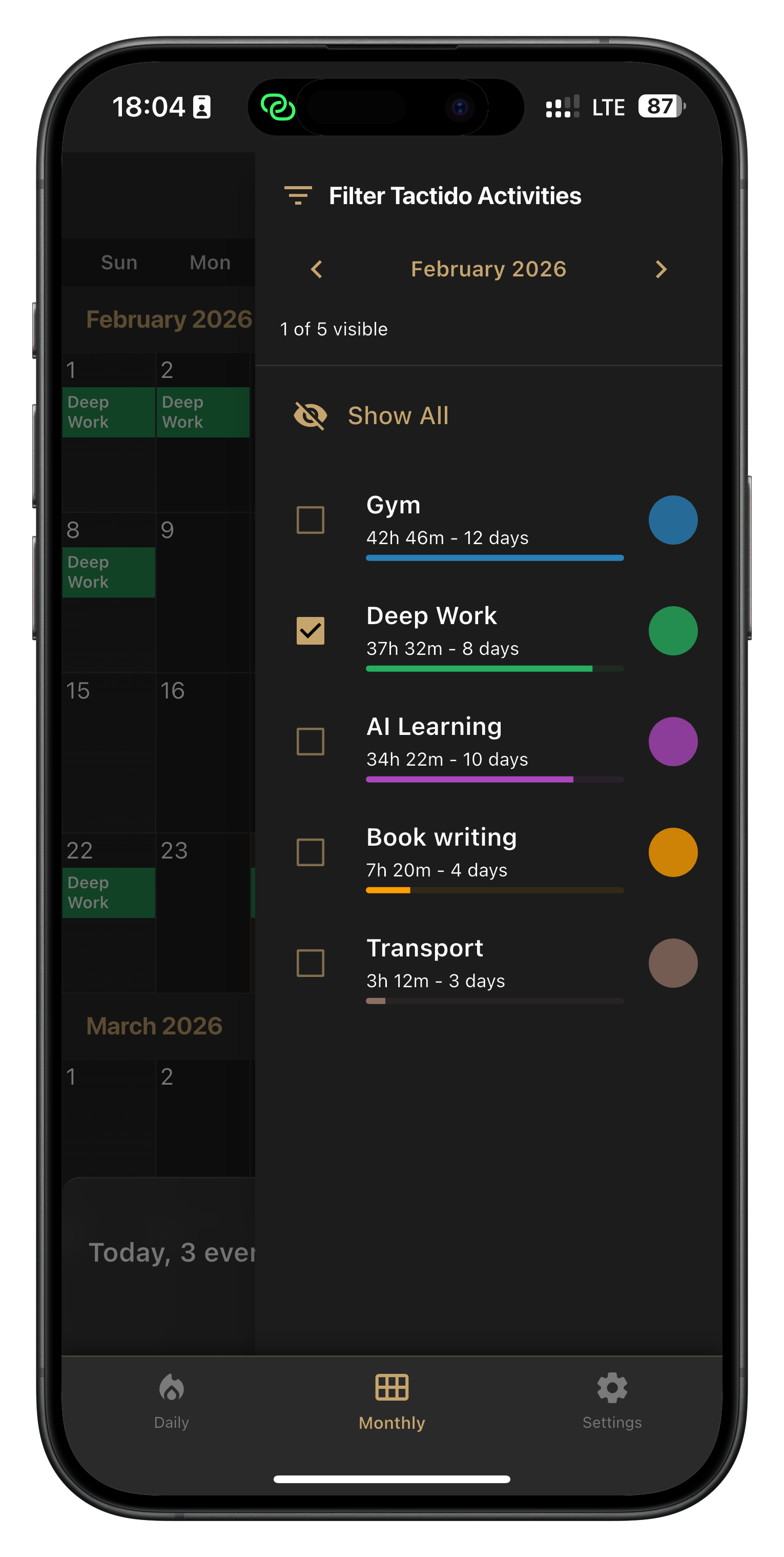 Tactido calendar view with activity filtering