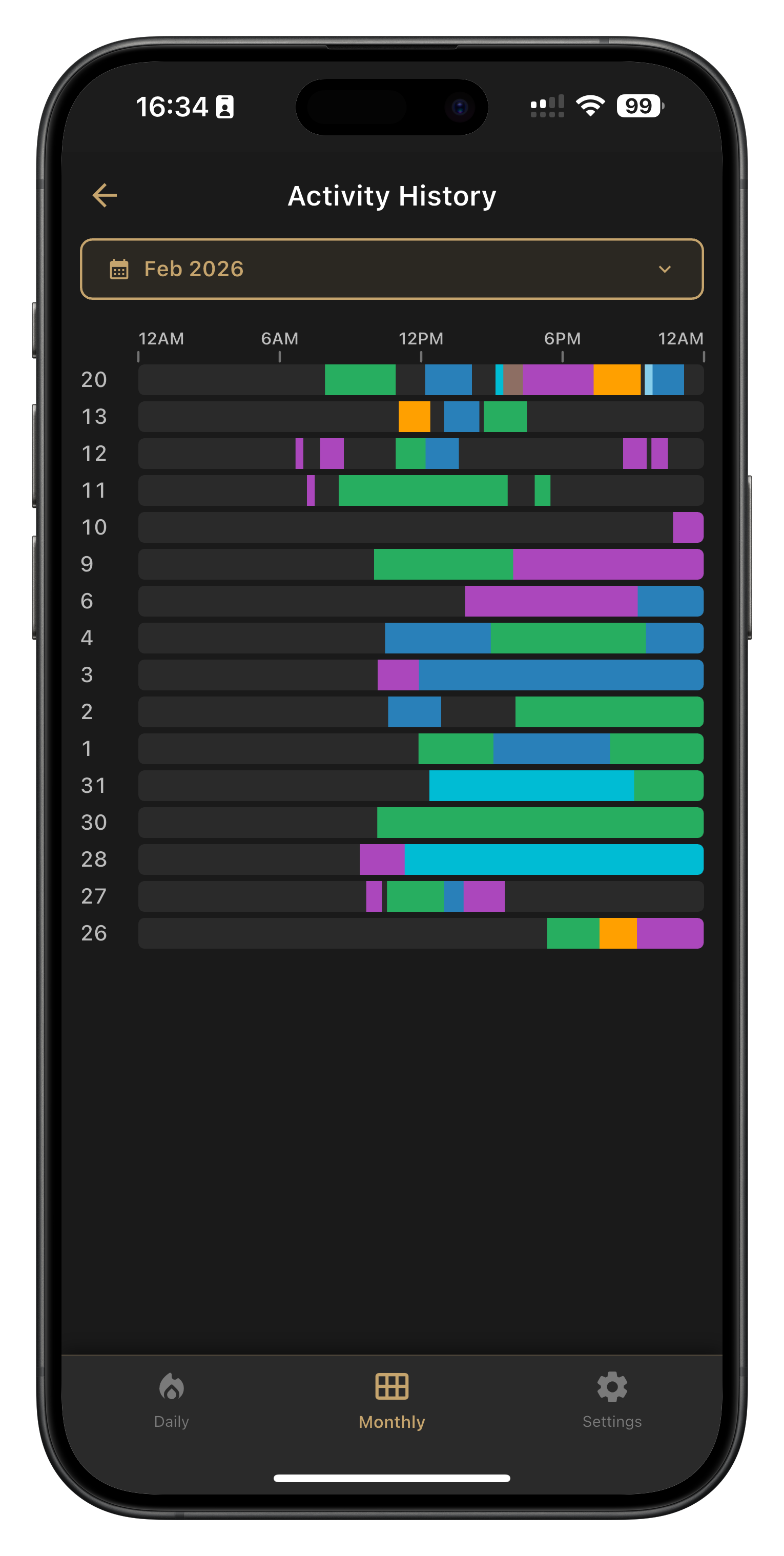 Tactido activity history with color-coded timeline