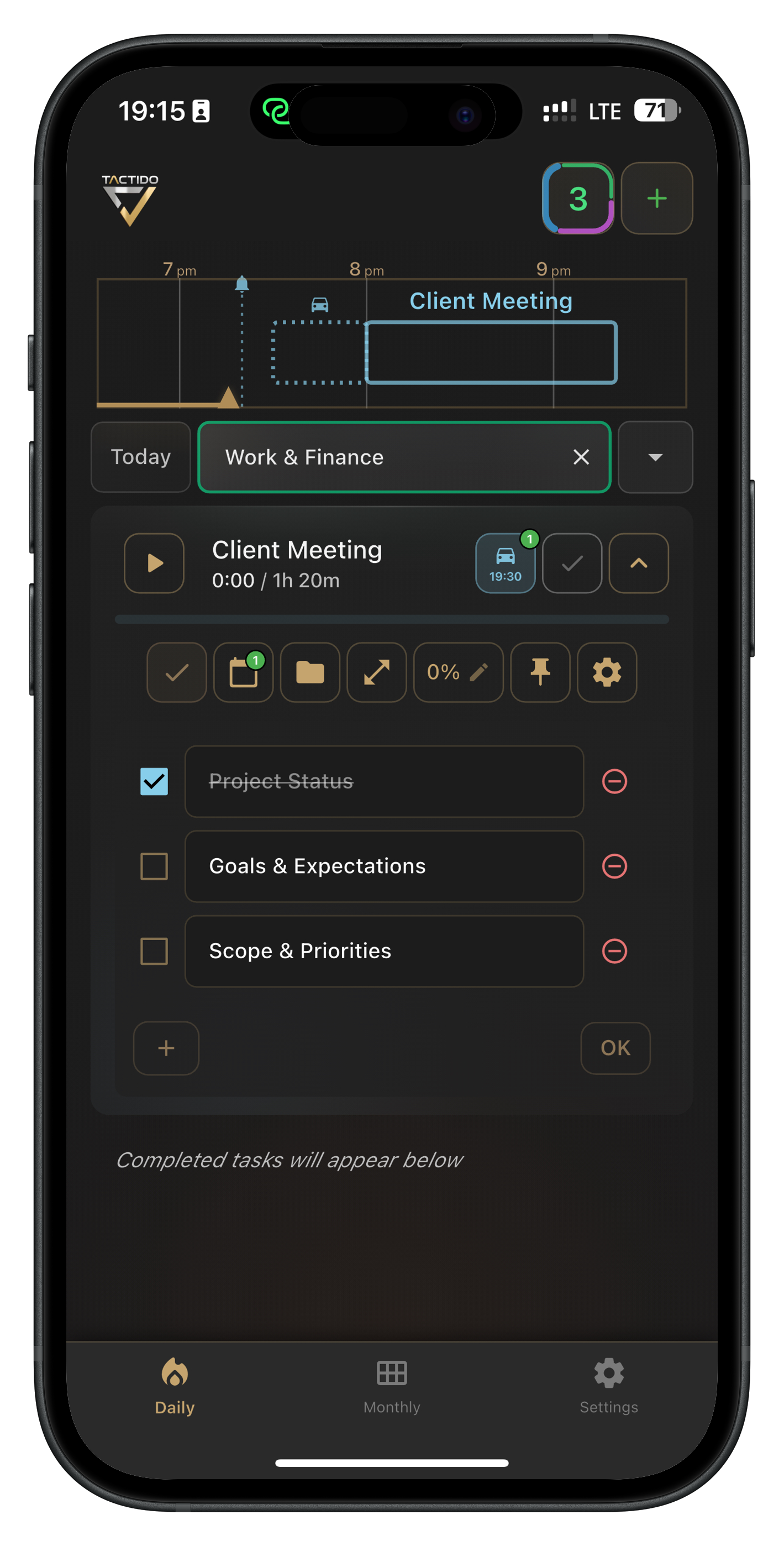 Tactido task management with Client Meeting activity