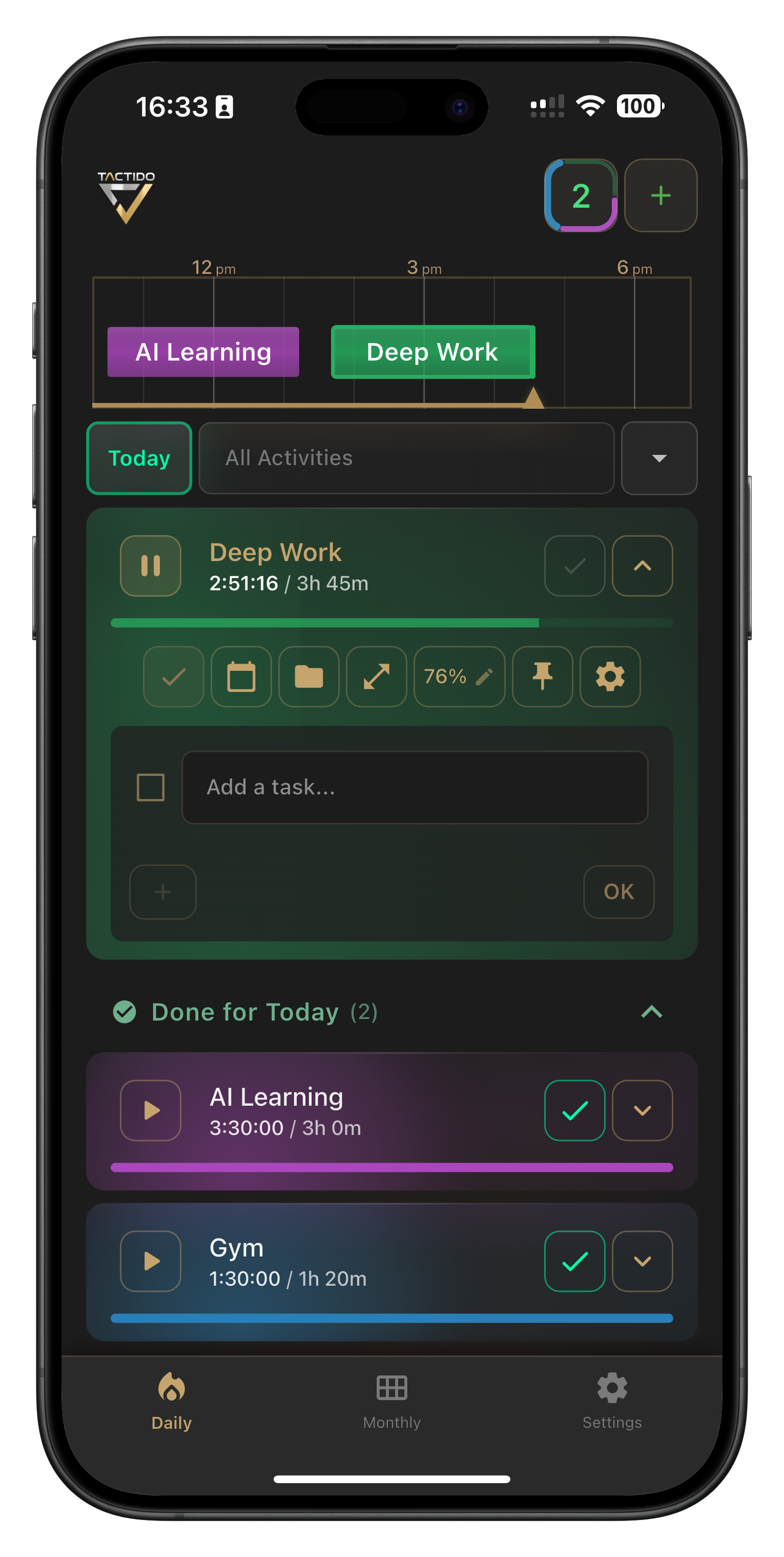 Tactido app: expanded session view with tasks