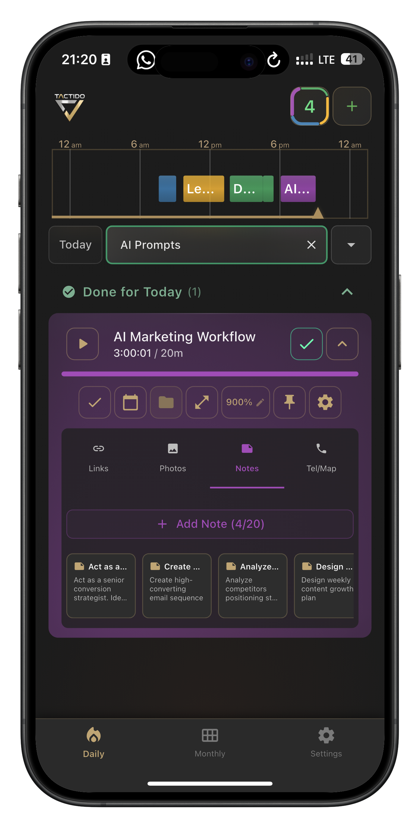 Tactido app: activity workspace with notes, links and tasks